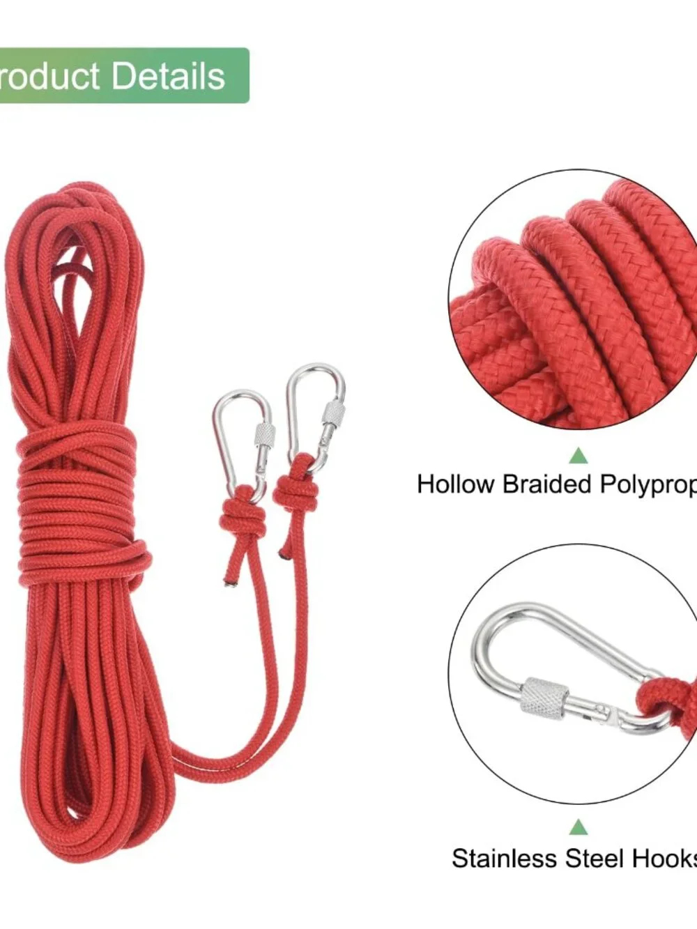 MECCANIXITY Hollow Braided Polypropylene Anchor Rope with Hook, 1/4 Inch 50ft Ny